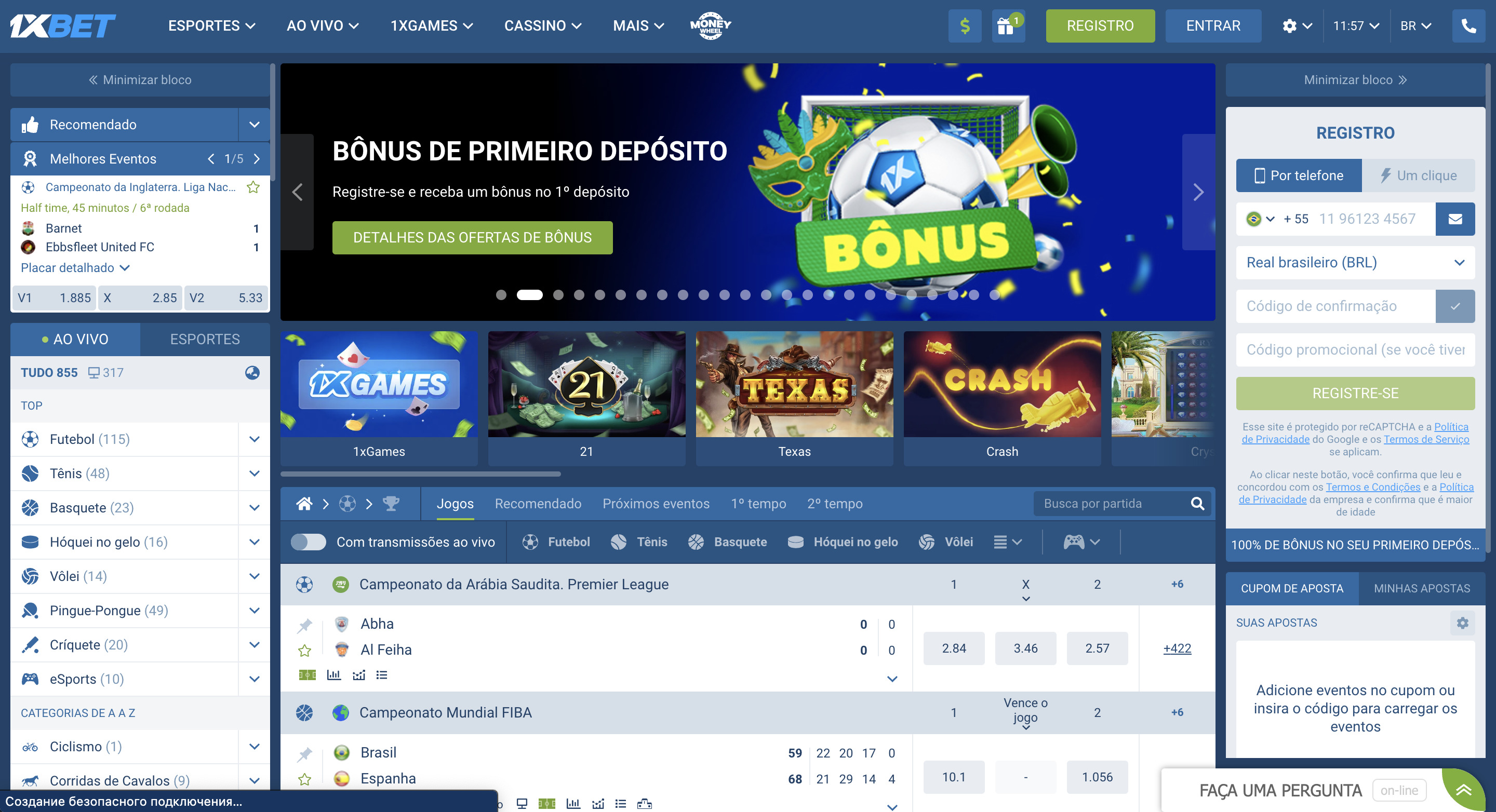 1xBet Página Principal - Captura de tela da página principal do site 1xBet, mostrando sua interface e ofertas para apostadores em 2023.